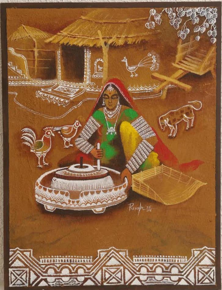 Gatti (Chakki) Chalate Hue – Traditional Indian Folk Art Painting